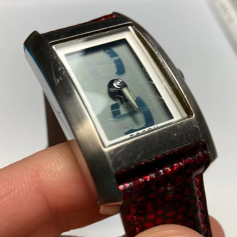 Fossil Big Tic JR-7993, red and black strap, new batteries, stainless